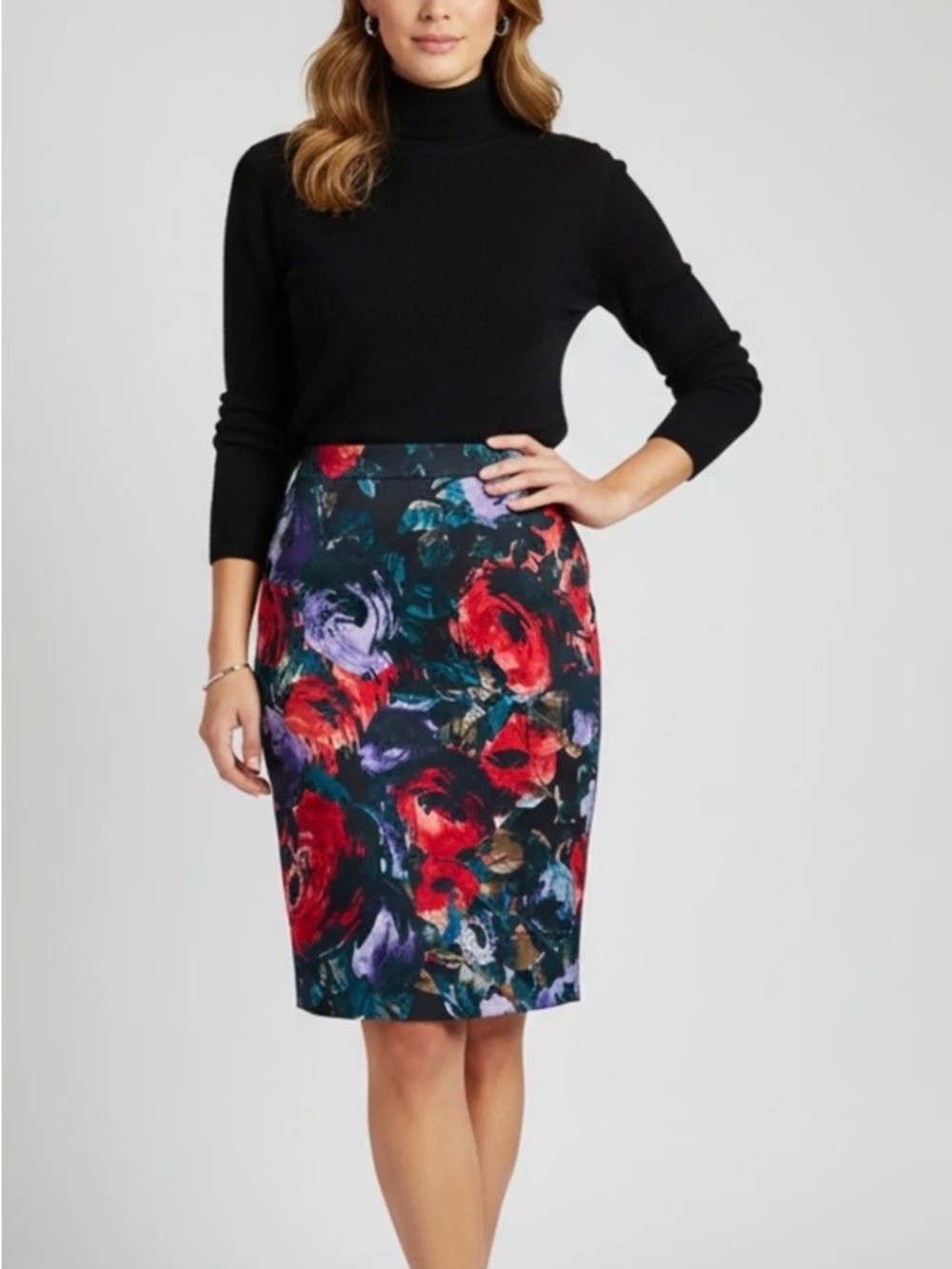Jaclyn Smith Floral Jewel Tone Satiny Black Pencil Skirt - Plus Size